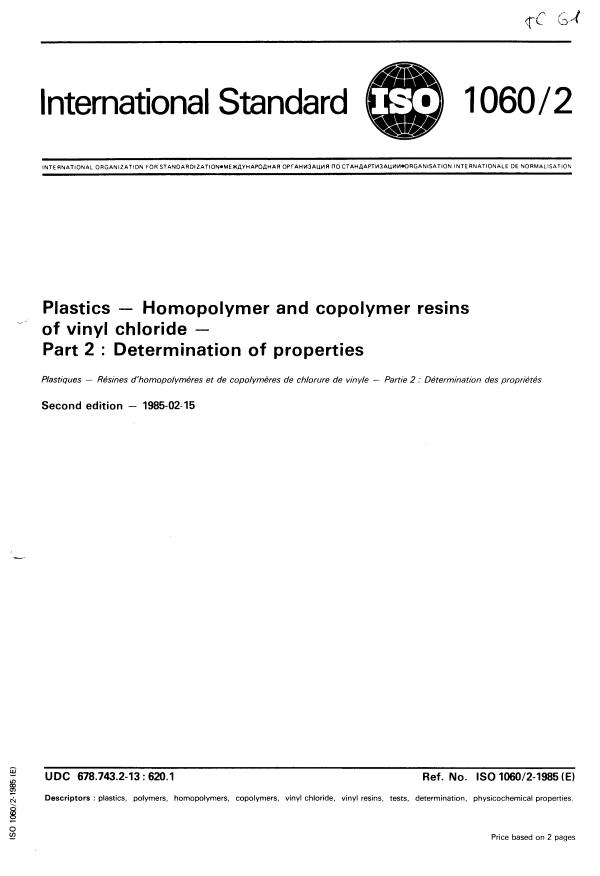 ISO 1060-2:1985 - Plastics -- Homopolymer and copolymer resins of vinyl chloride