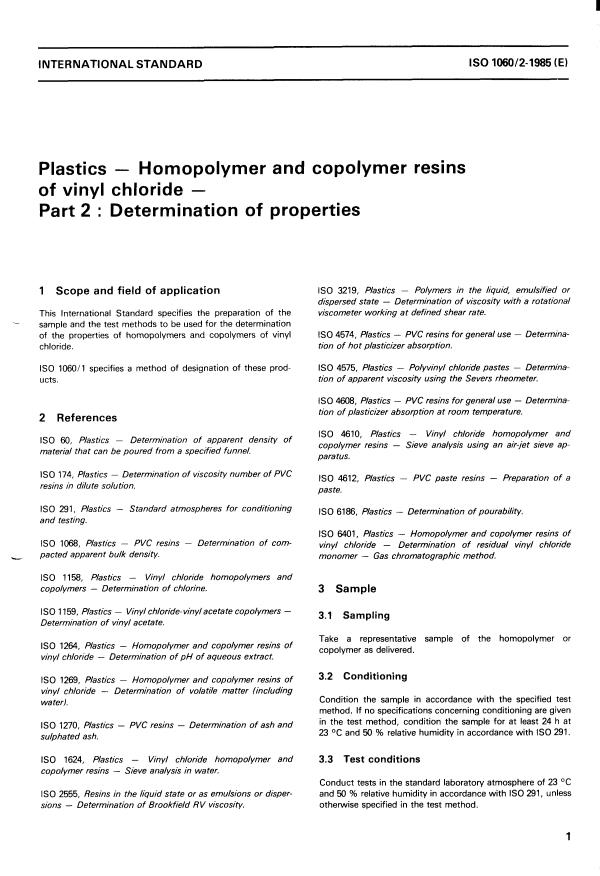ISO 1060-2:1985 - Plastics -- Homopolymer and copolymer resins of vinyl chloride