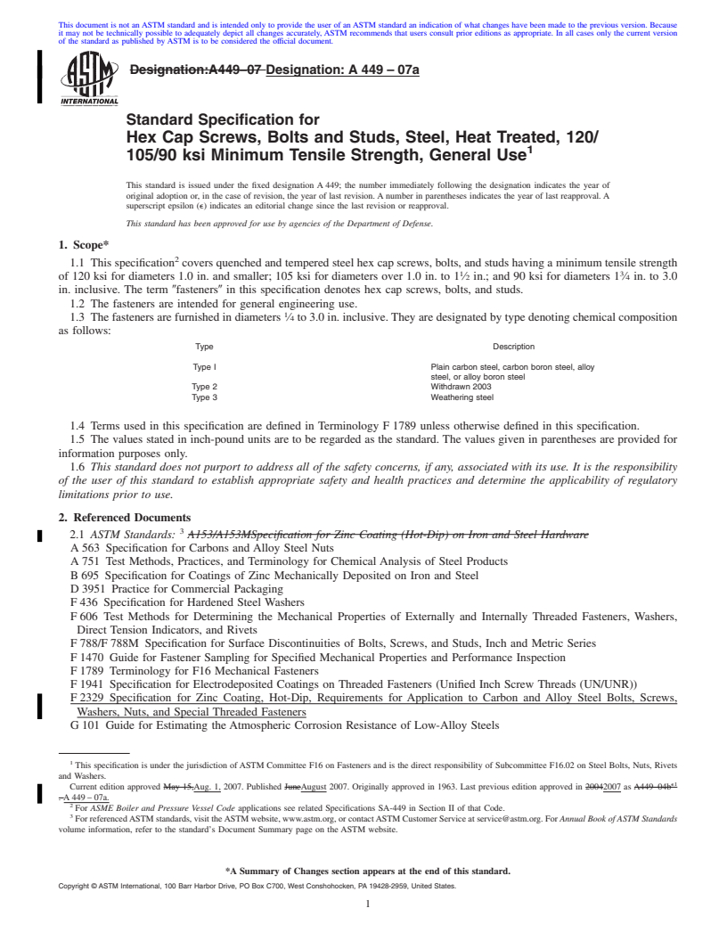 REDLINE ASTM A449-07a - Standard Specification for Hex Cap Screws, Bolts and Studs, Steel, Heat Treated, 120/105/90 ksi Minimum Tensile Strength, General Use