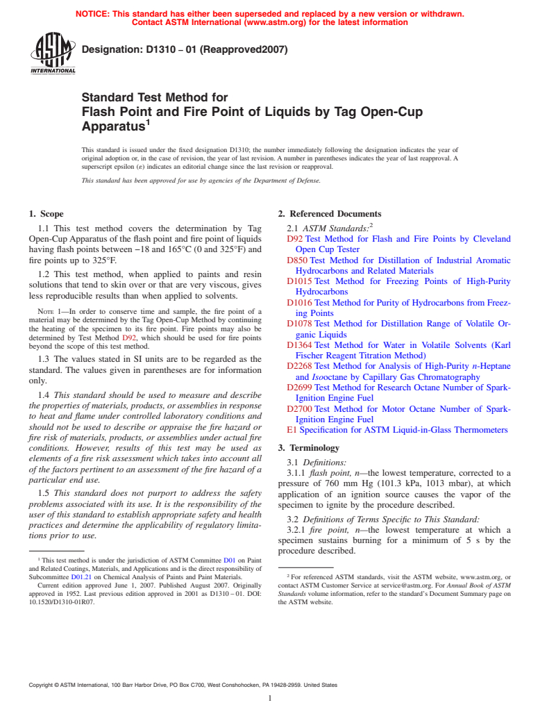 ASTM D1310-01(2007) - Standard Test Method for Flash Point and Fire Point of Liquids by Tag Open-Cup Apparatus