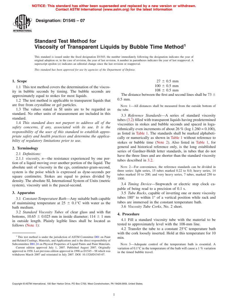 ASTM D1545-07 - Standard Test Method for Viscosity of Transparent Liquids by Bubble Time Method
