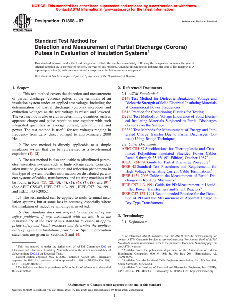 ASTM D1868-07 - Standard Test Method for Detection and Measurement of Partial Discharge (Corona) Pulses in Evaluation of Insulation Systems