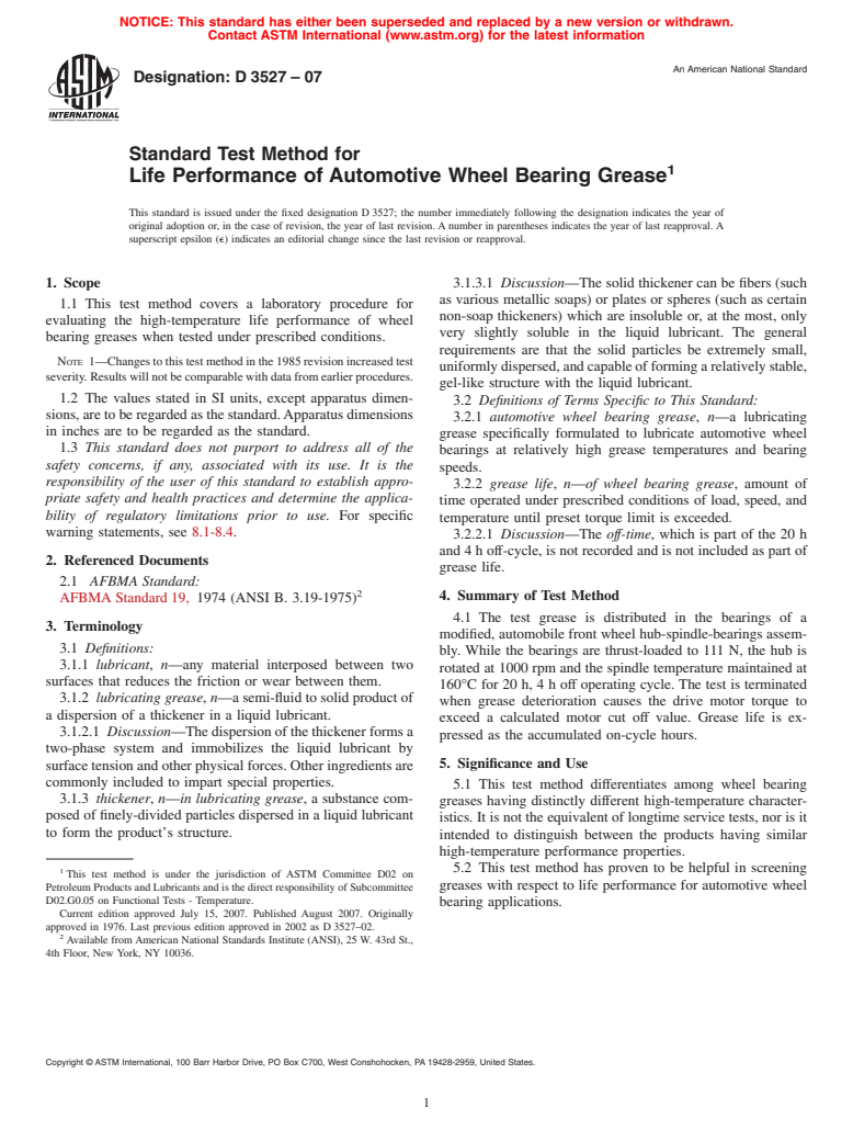 ASTM D3527-07 - Standard Test Method for Life Performance of Automotive Wheel Bearing Grease