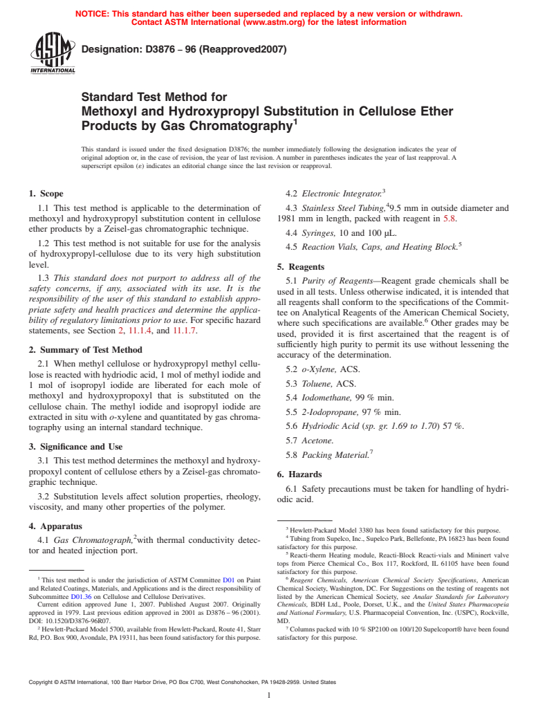 ASTM D3876-96(2007) - Standard Test Method for Methoxyl and Hydroxypropyl Substitution in Cellulose Ether Products by Gas Chromatography