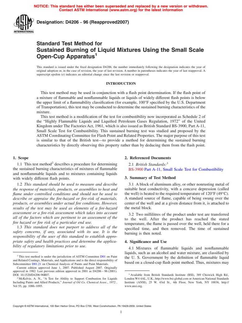 ASTM D4206-96(2007) - Standard Test Method for Sustained Burning of Liquid Mixtures Using the Small Scale Open-Cup Apparatus