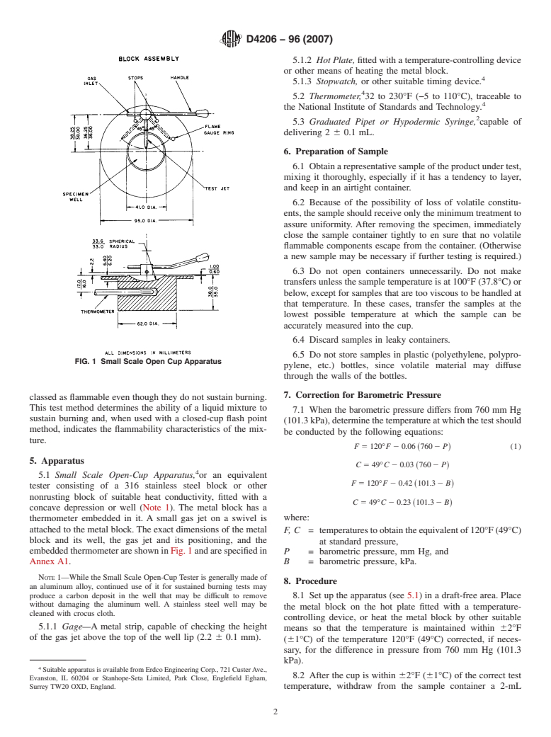 ASTM D4206-96(2007) - Standard Test Method for Sustained Burning of Liquid Mixtures Using the Small Scale Open-Cup Apparatus