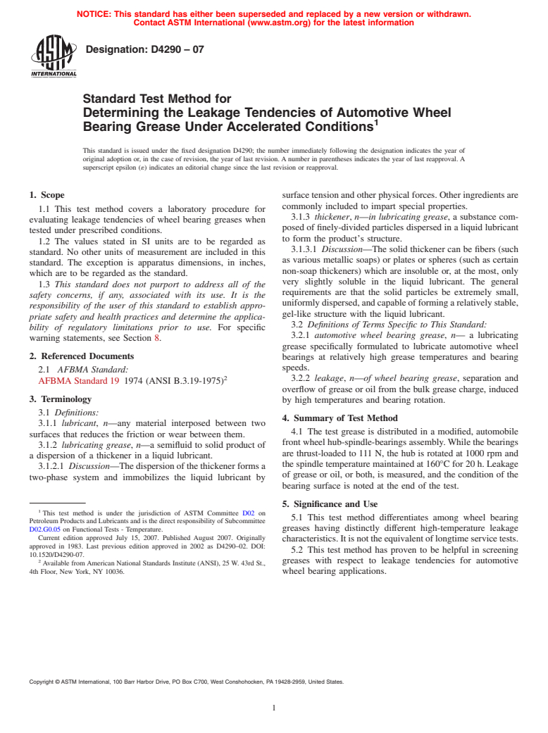 ASTM D4290-07 - Standard Test Method for Determining the Leakage Tendencies of Automotive Wheel Bearing Grease Under Accelerated Conditions