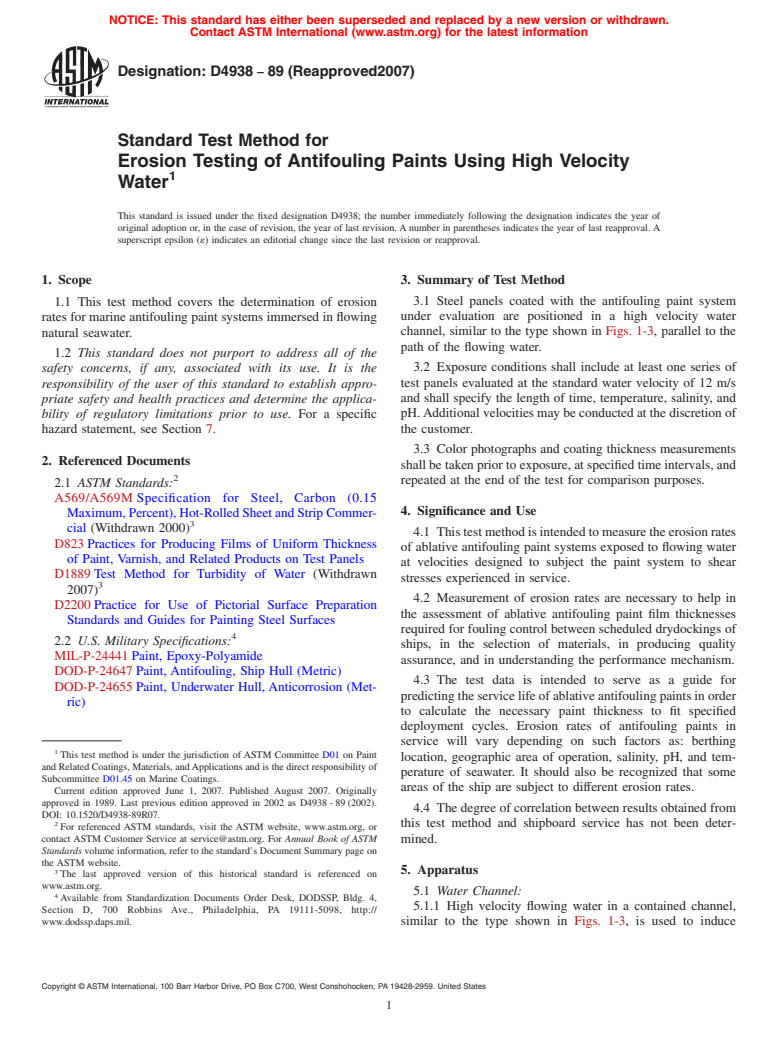 ASTM D4938-89(2007) - Standard Test Method for Erosion Testing of Antifouling Paints Using High Velocity Water