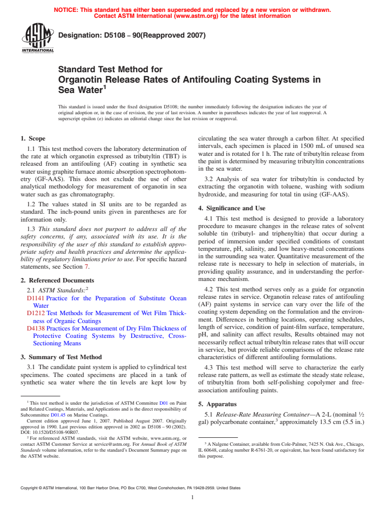 ASTM D5108-90(2007) - Standard Test Method for Organotin Release Rates of Antifouling Coating Systems in Sea Water (Withdrawn 2016)