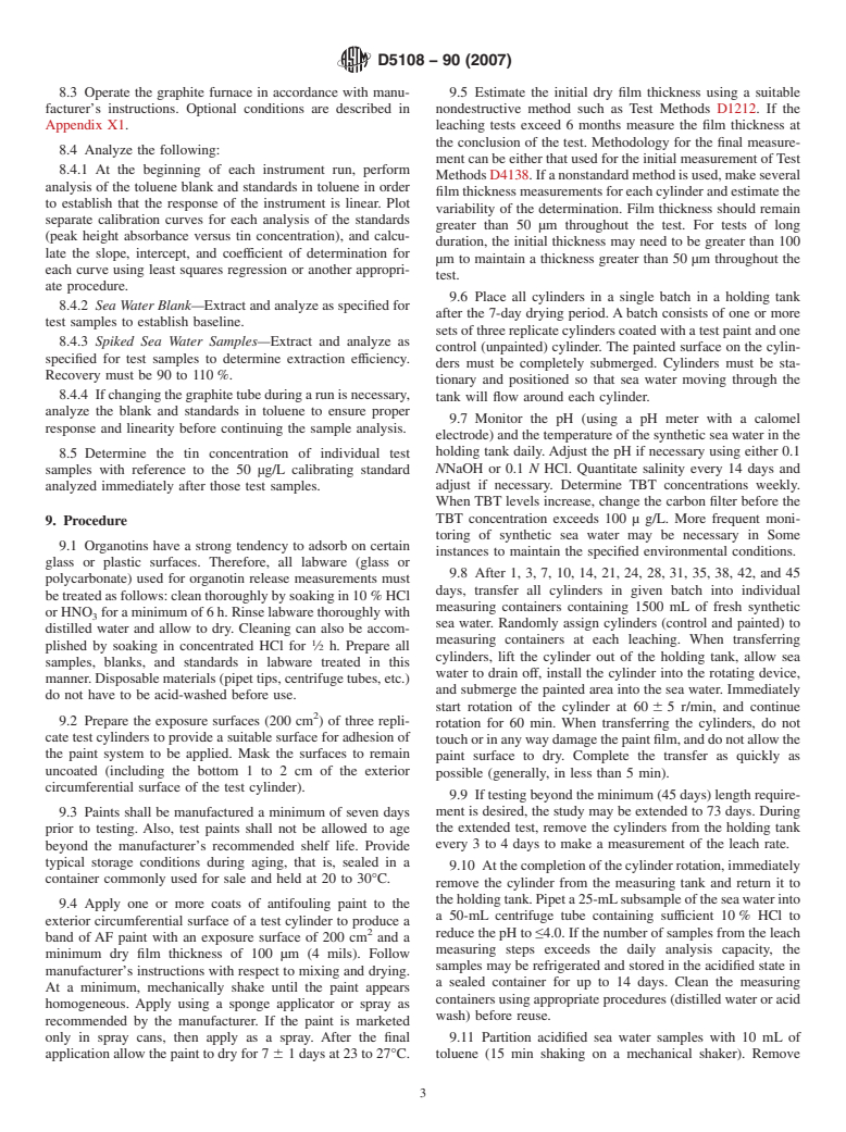 ASTM D5108-90(2007) - Standard Test Method for Organotin Release Rates of Antifouling Coating Systems in Sea Water (Withdrawn 2016)