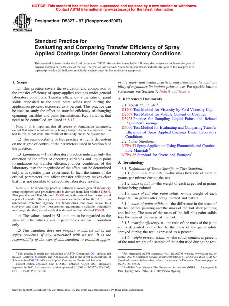 ASTM D5327-97(2007) - Standard Practice for Evaluating and Comparing Transfer Efficiency of Spray Applied Coatings Under General Laboratory Conditions