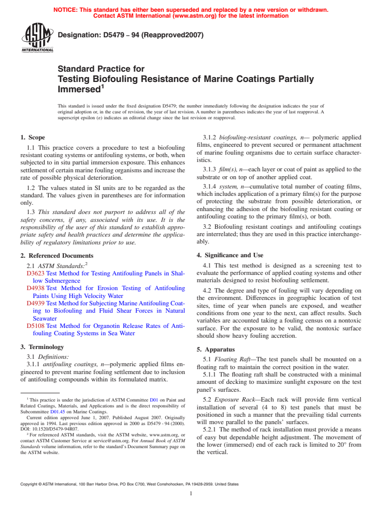 ASTM D5479-94(2007) - Standard Practice for Testing Biofouling Resistance of Marine Coatings Partially Immersed