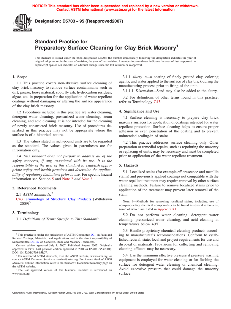 ASTM D5703-95(2007) - Standard Practice for Preparatory Surface Cleaning for Clay Brick Masonry