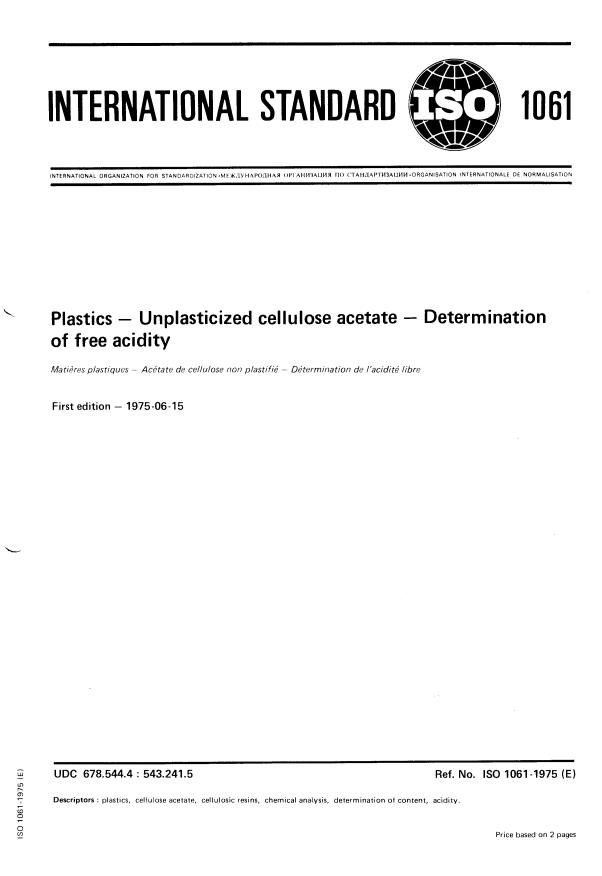 ISO 1061:1975 - Plastics -- Unplasticized cellulose acetate -- Determination of free acidity