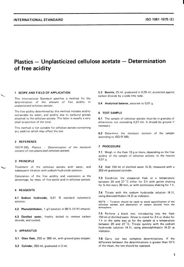 ISO 1061:1975 - Plastics -- Unplasticized cellulose acetate -- Determination of free acidity