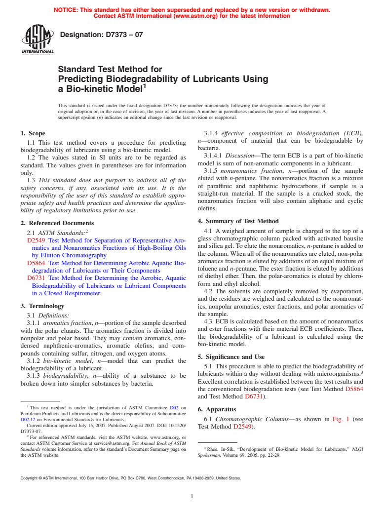 ASTM D7373-07 - Standard Test Method for Predicting Biodegradability of Lubricants Using a Bio-kinetic Model