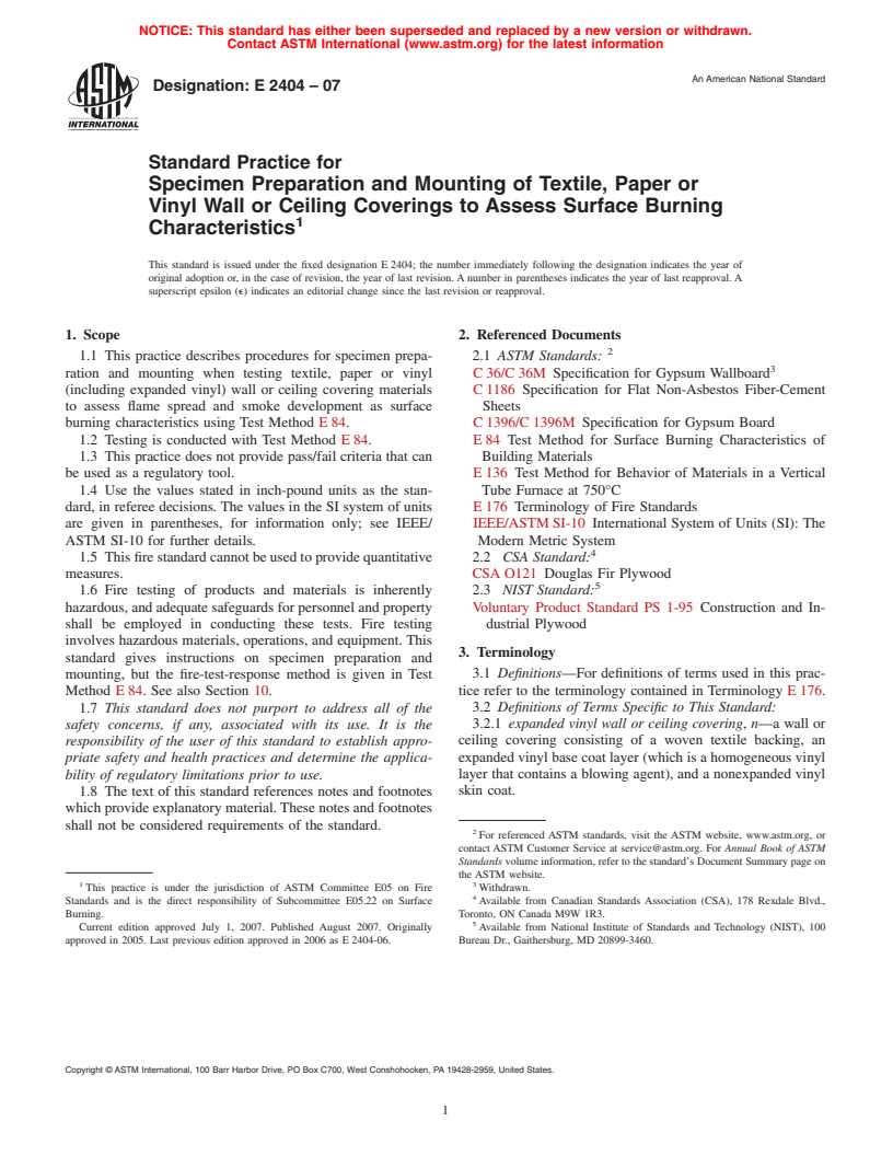 ASTM E2404-07 - Standard Practice for Specimen Preparation and Mounting of Textile, Paper or Vinyl Wall or Ceiling Coverings to Assess Surface Burning Characteristics