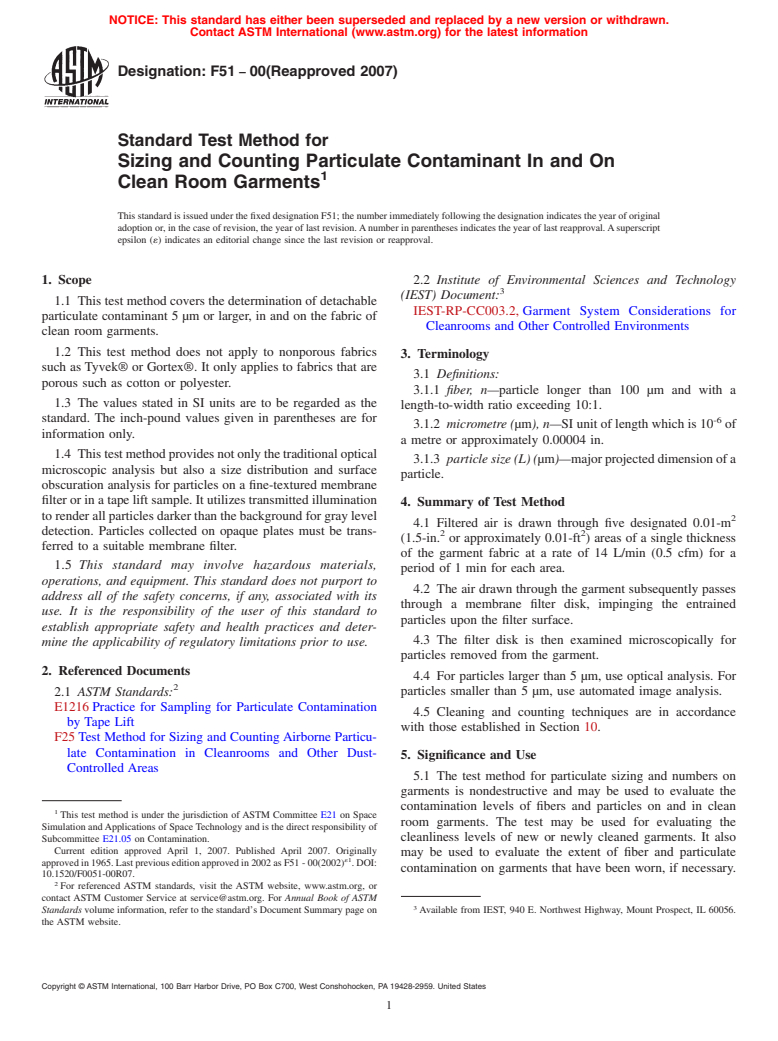 ASTM F51-00(2007) - Standard Test Method for Sizing and Counting Particulate Contaminant In and On Clean Room Garments