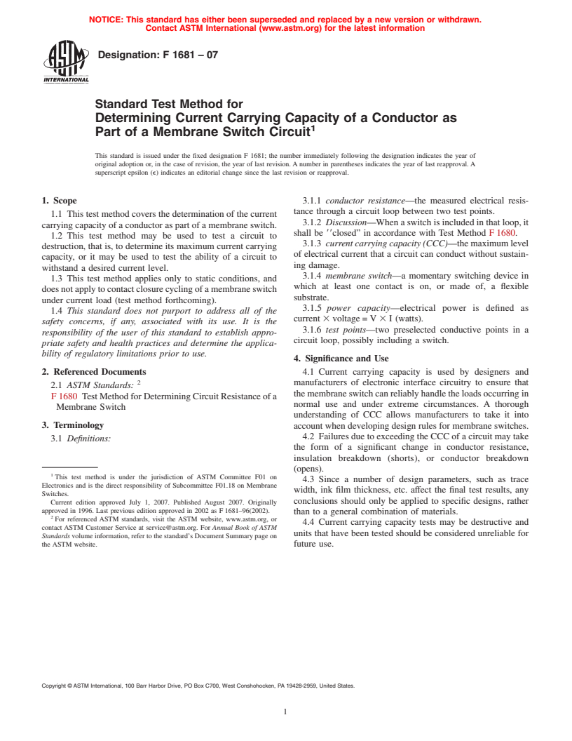 ASTM F1681-07 - Standard Test Method for Determining Current Carrying Capacity of a Conductor as Part of a Membrane Switch Circuit