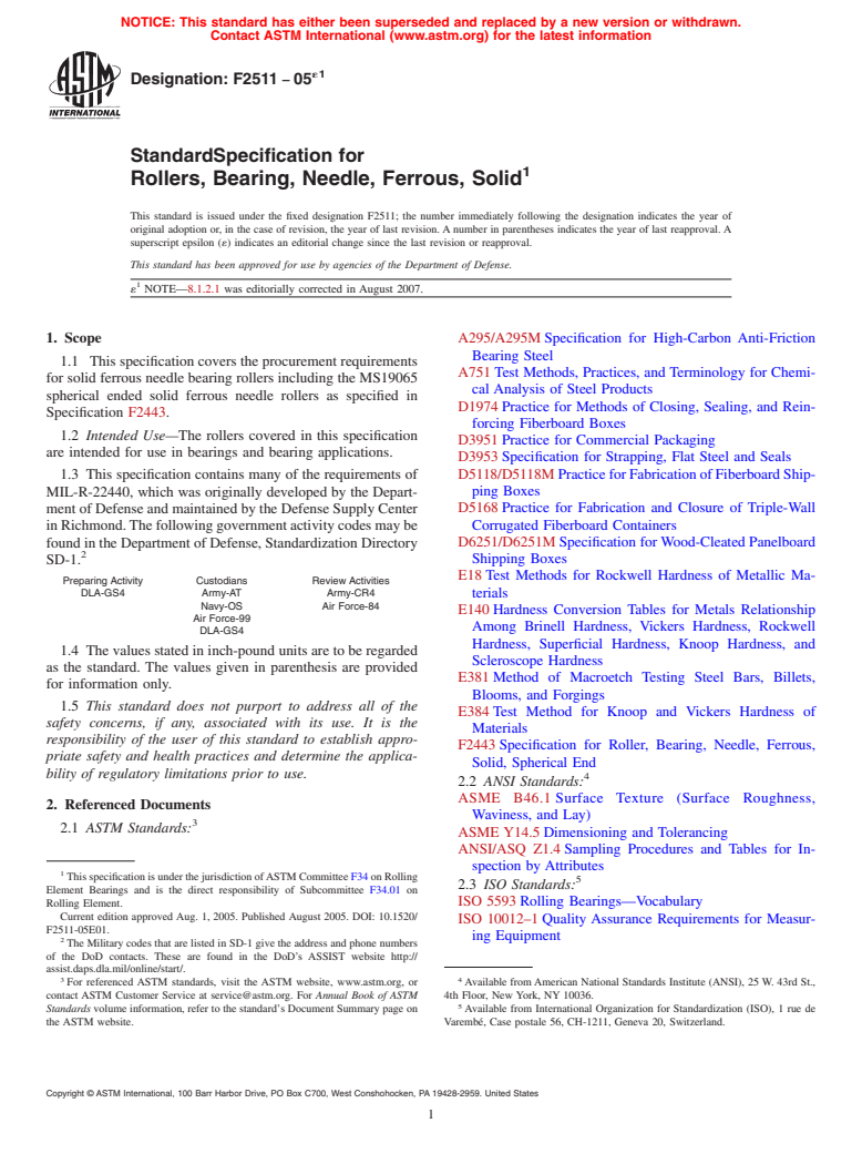 ASTM F2511-05e1 - Standard Specification for Rollers, Bearing, Needle, Ferrous, Solid