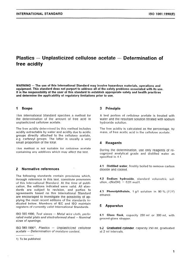 ISO 1061:1990 - Plastics -- Unplasticized cellulose acetate -- Determination of free acidity