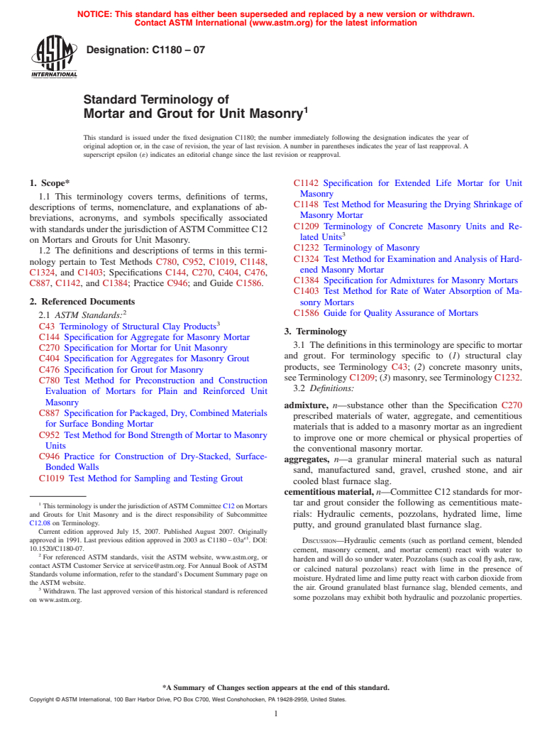 ASTM C1180-07 - Standard Terminology of Mortar and Grout for Unit Masonry