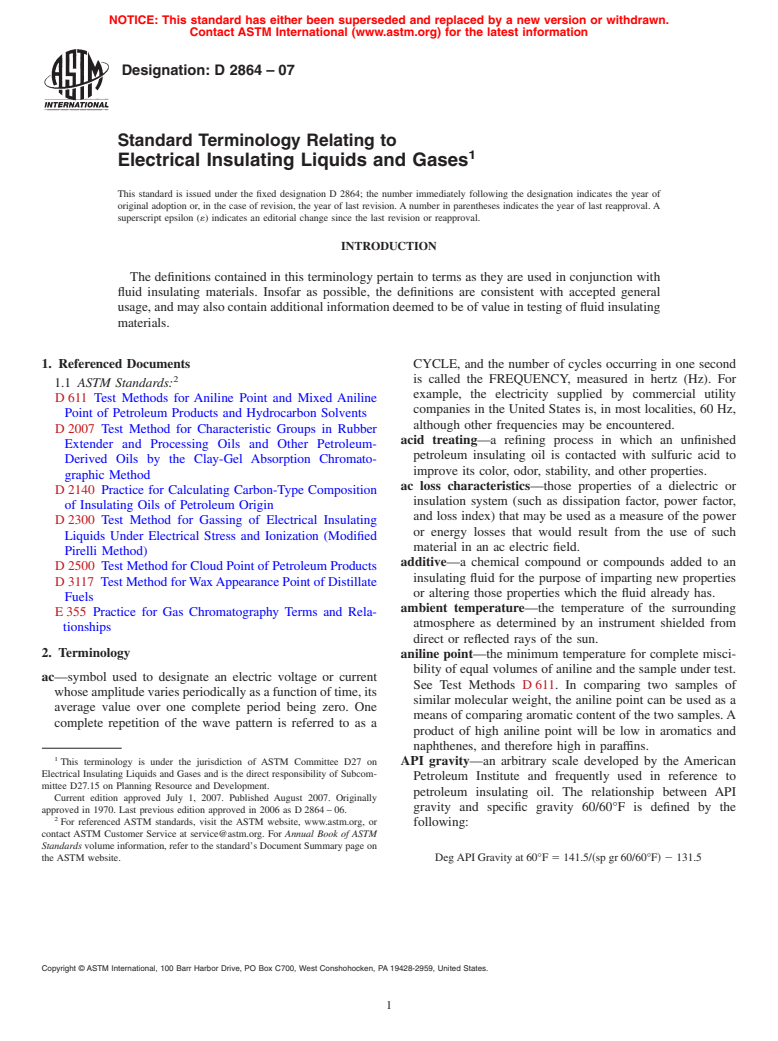 ASTM D2864-07 - Standard Terminology Relating to Electrical Insulating Liquids and Gases