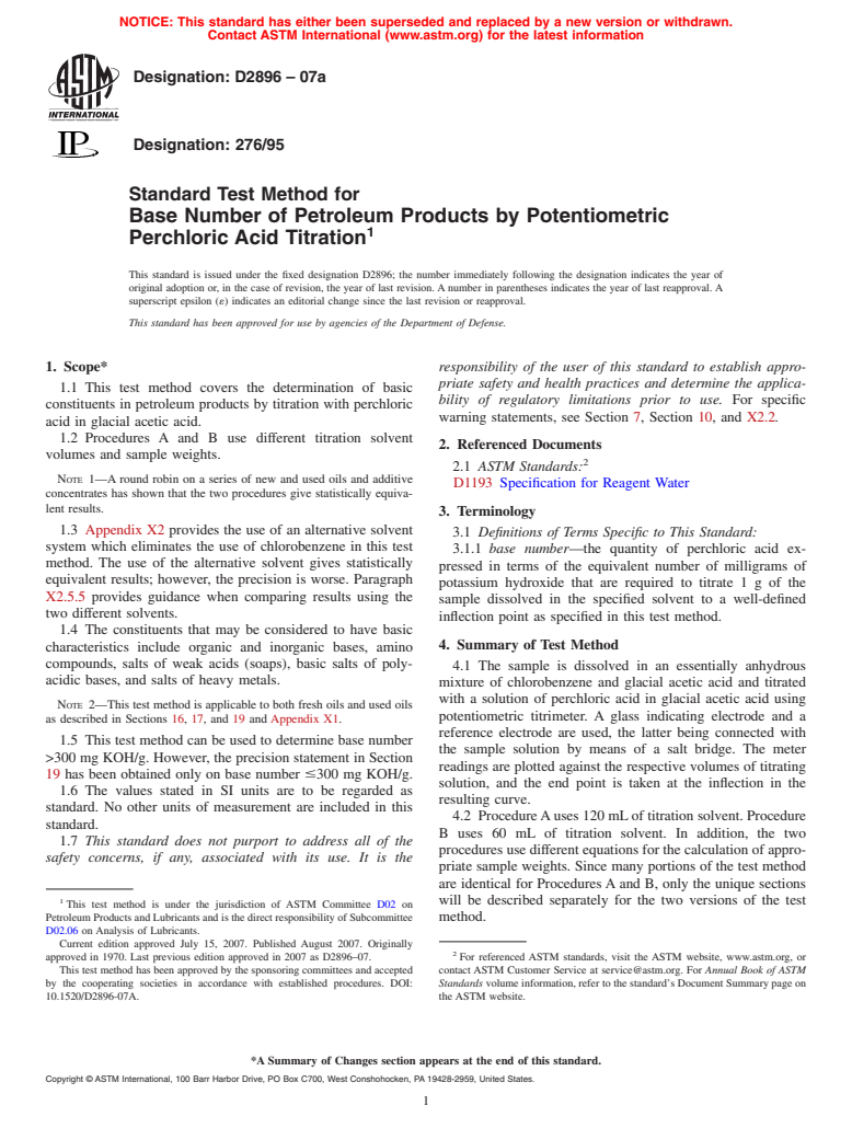 ASTM D2896-07a - Standard Test Method for Base Number of Petroleum Products by Potentiometric Perchloric Acid Titration