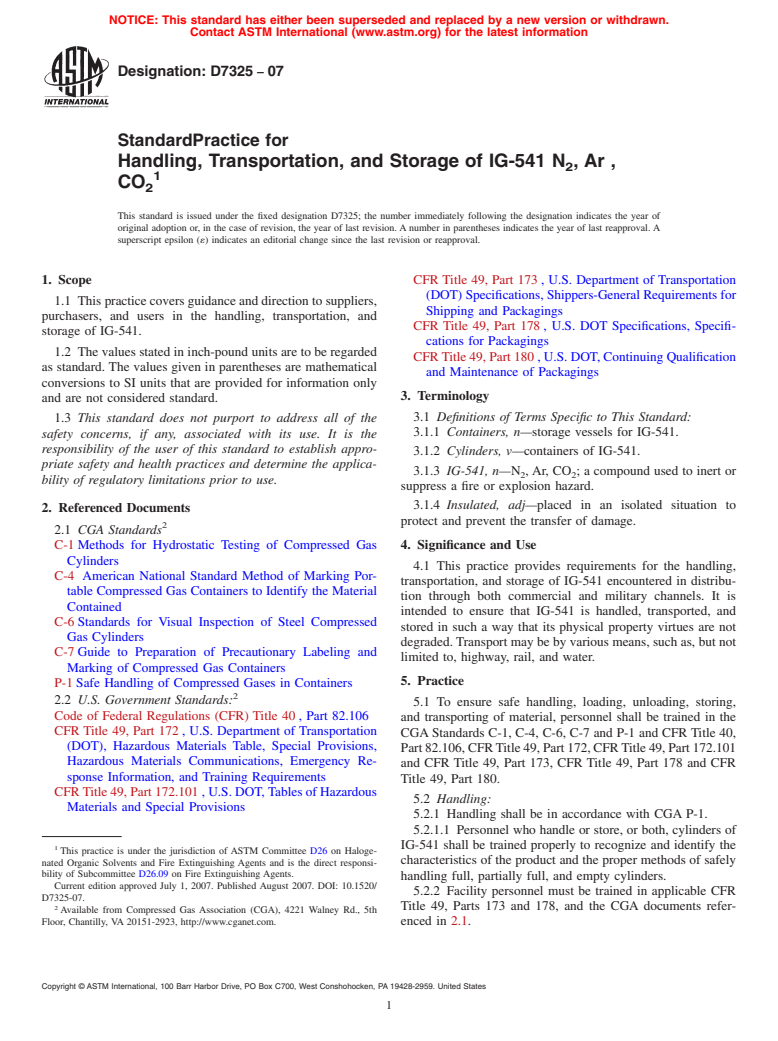 ASTM D7325-07 - Standard Practice for Handling, Transportation, and Storage of IG-541 N<sub>2</sub>, Ar , CO<sub>2</sub>