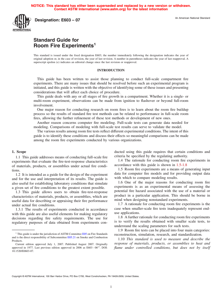 ASTM E603-07 - Standard Guide for Room Fire Experiments