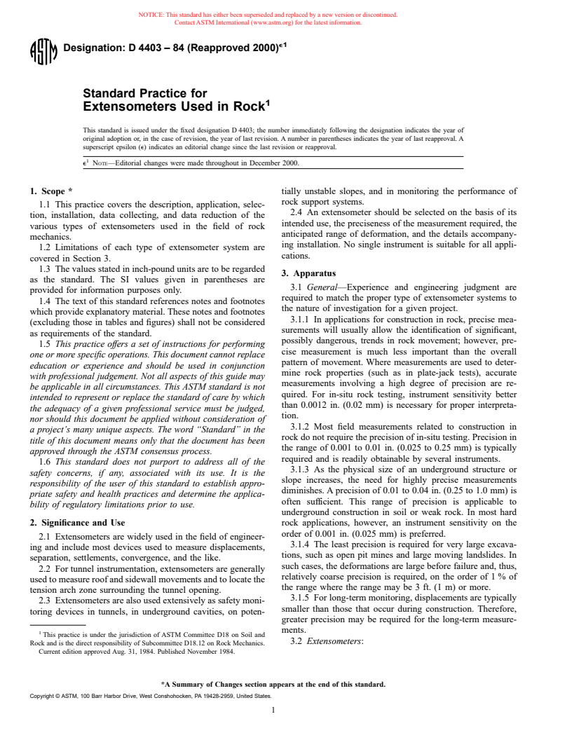 ASTM D4403-84(2000)e1 - Standard Practice for Extensometers Used in Rock