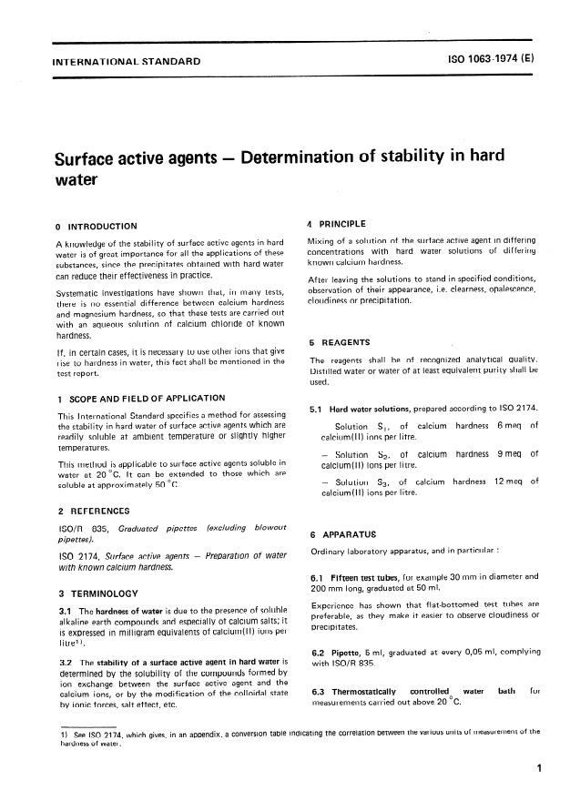 ISO 1063:1974 - Surface active agents -- Determination of stability in hard water