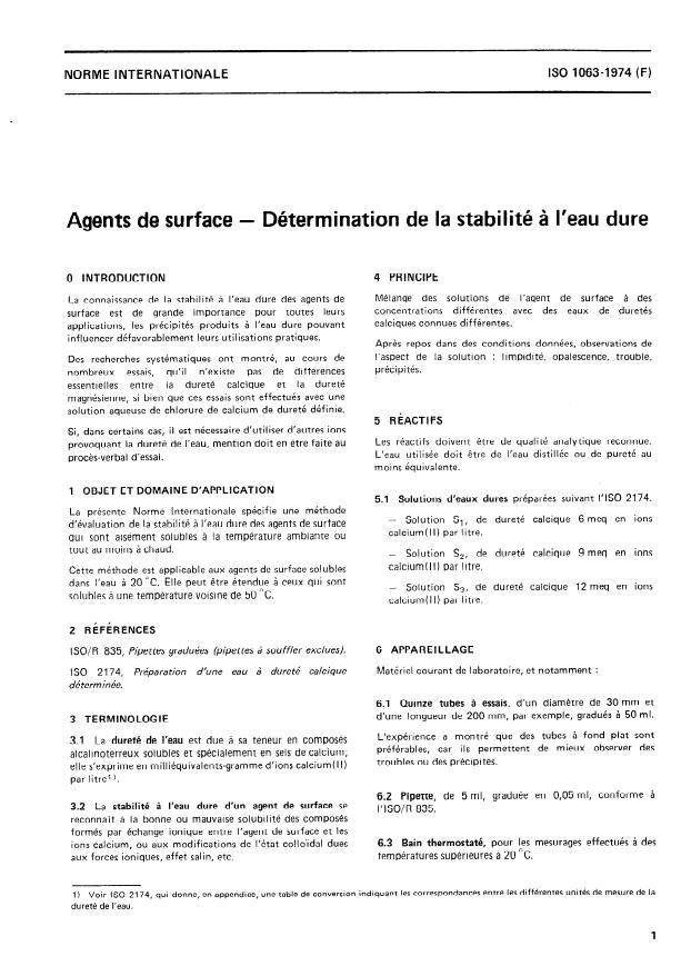 ISO 1063:1974 - Agents de surface -- Détermination de la stabilité a l'eau dure