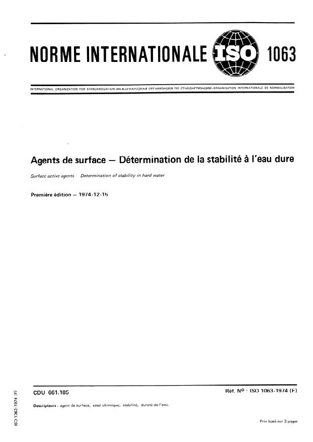 ISO 1063:1974 - Agents de surface -- Détermination de la stabilité a l'eau dure