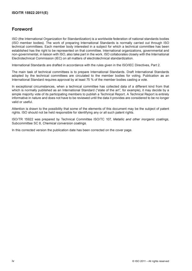 ISO/TR 15922:2011 ISO/TR 15922:2011 - Metallic and other inorganic coatings -- Evaluation of properties of dark-stain phenomenon of chromated coiled or sheet product - Page 4 preview