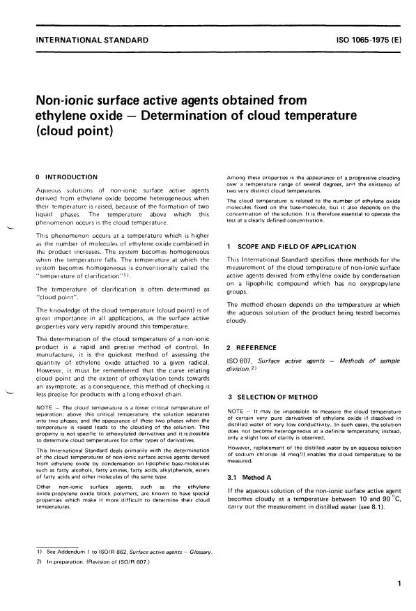 ISO 1065:1975 - Non-ionic surface active agents obtained from ethylene oxide -- Determination of cloud temperature (cloud point)