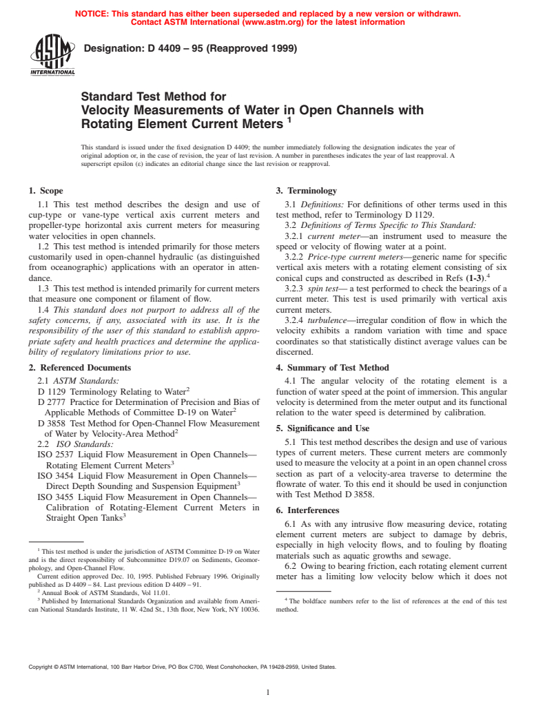 ASTM D4409-95(1999) - Standard Test Method for Velocity Measurements of Water in Open Channels with Rotating Element Current Meters