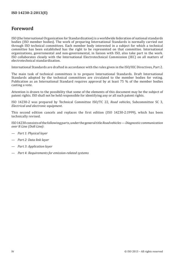 ISO 14230-2:2013 ISO 14230-2:2013 - Road vehicles -- Diagnostic communication over K-Line (DoK-Line) - Page 4 preview