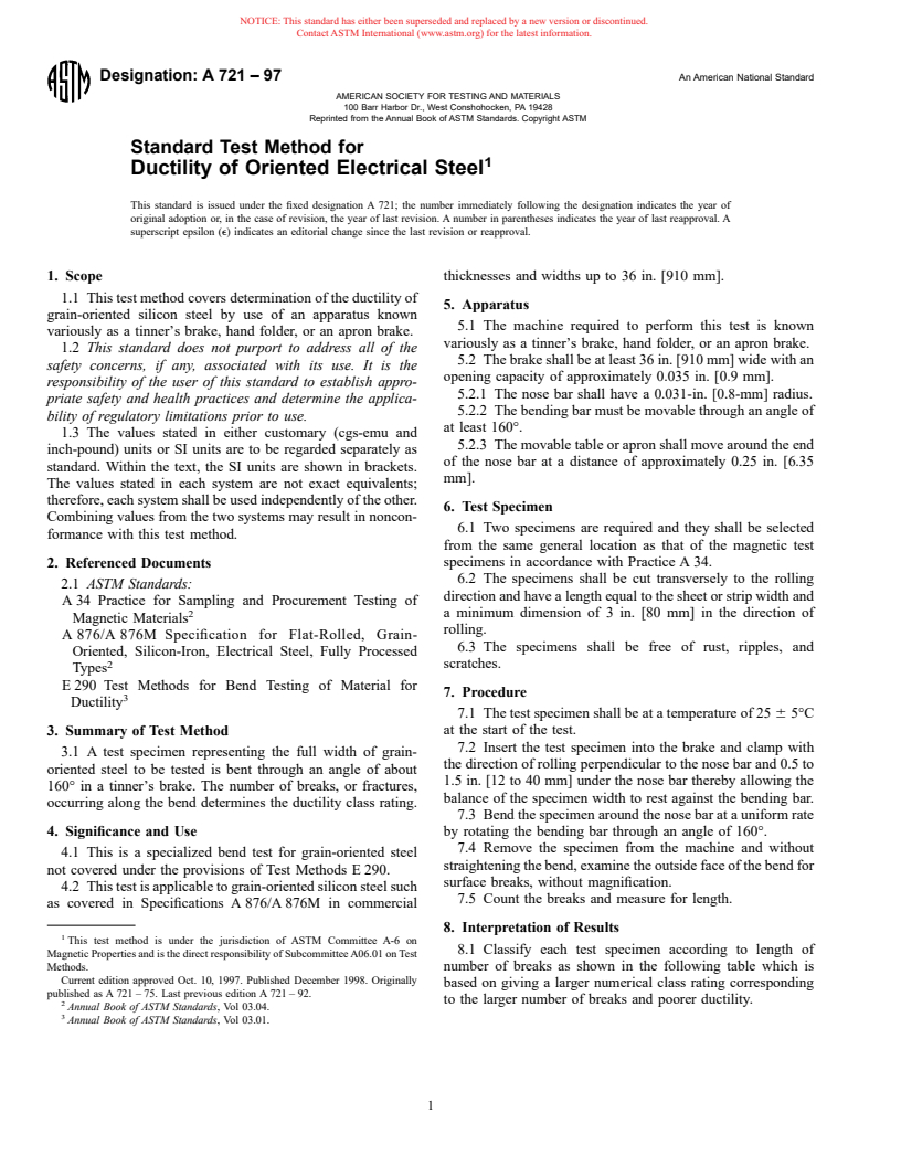 ASTM A721-97 - Standard Test Method for Ductility of Oriented Electrical Steel