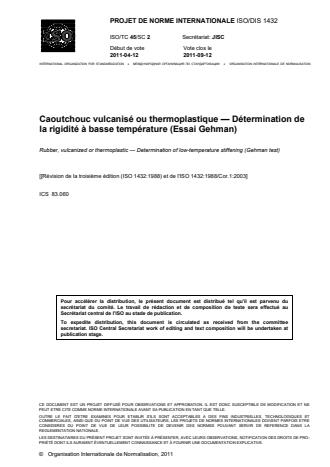 ISO 1432:2013 - Caoutchouc vulcanisé ou thermoplastique -- Détermination de la rigidité a basse température (Essai Gehman)