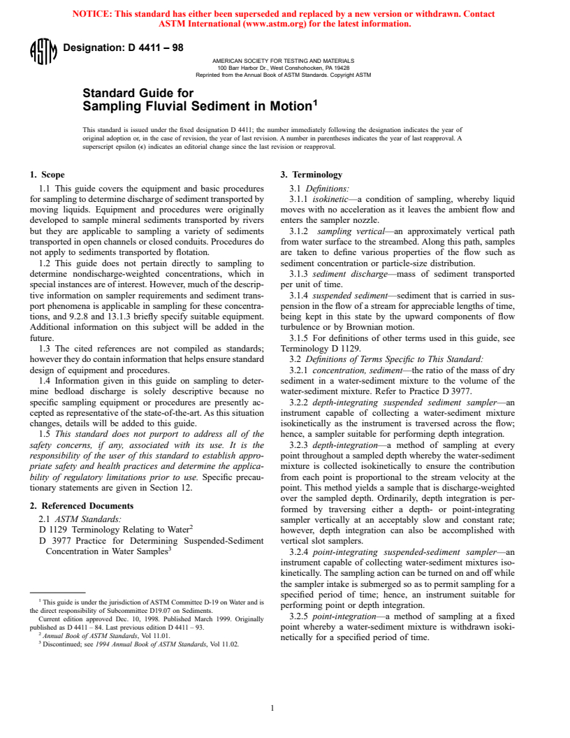 ASTM D4411-98 - Standard Guide for Sampling Fluvial Sediment in Motion