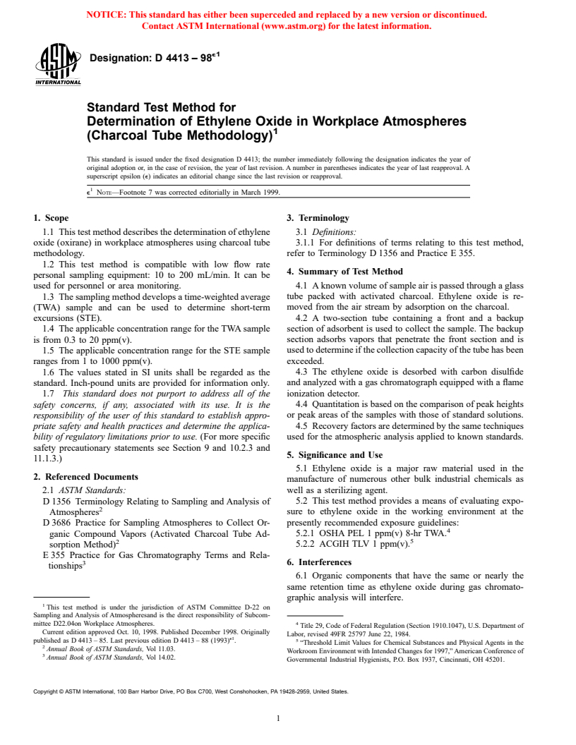 ASTM D4413-98e1 - Standard Test Method for Determination of Ethylene Oxide in Workplace Atmospheres (Charcoal Tube Methodology)