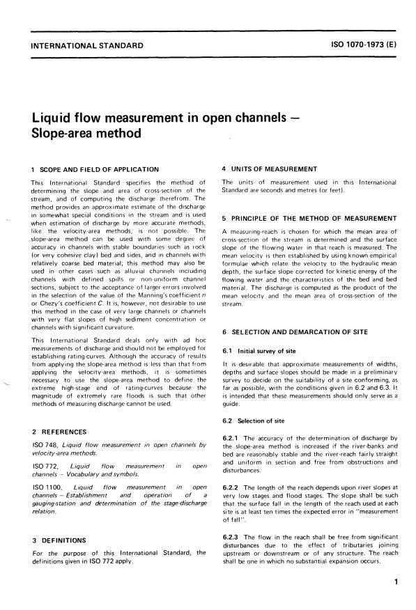 ISO 1070:1973 - Liquid flow measurement in open channels -- Slope-area method
