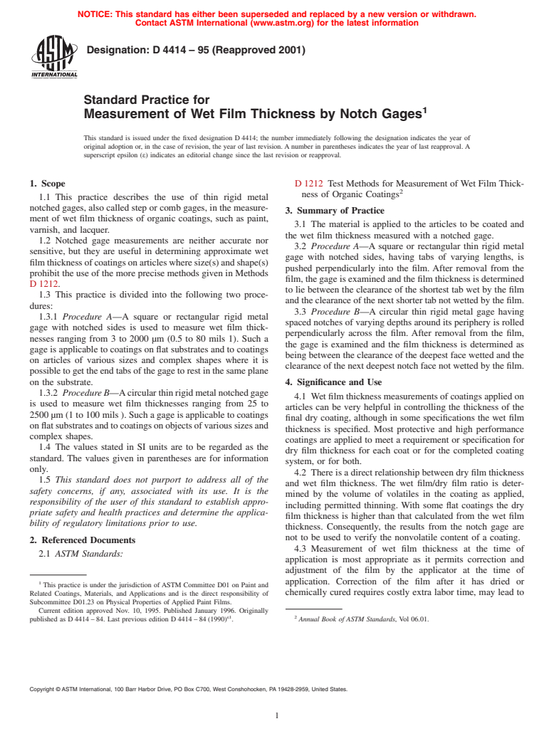 ASTM D4414-95(2001) - Standard Practice for Measurement of Wet Film Thickness by Notch Gages