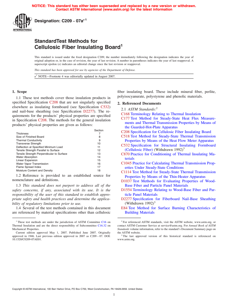ASTM C209-07ae1 - Standard Test Methods for Cellulosic Fiber Insulating Board