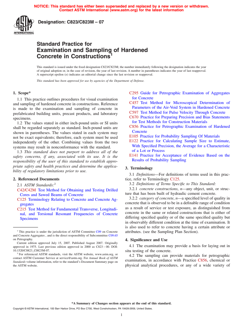 ASTM C823/C823M-07 - Standard Practice for Examination and Sampling of Hardened Concrete in Constructions