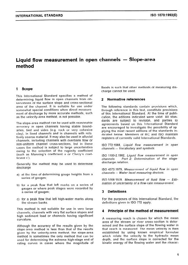 ISO 1070:1992 - Liquid flow measurement in open channels -- Slope-area method