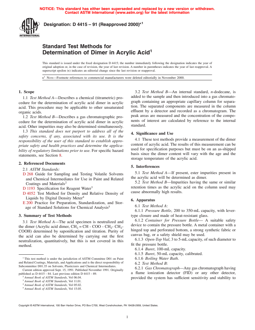 ASTM D4415-91(2000)e1 - Standard Test Methods for Determination of Dimer in Acrylic Acid