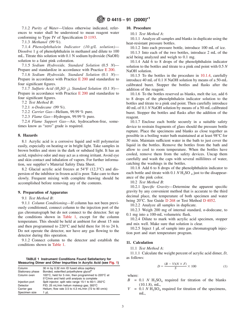 ASTM D4415-91(2000)e1 - Standard Test Methods for Determination of Dimer in Acrylic Acid