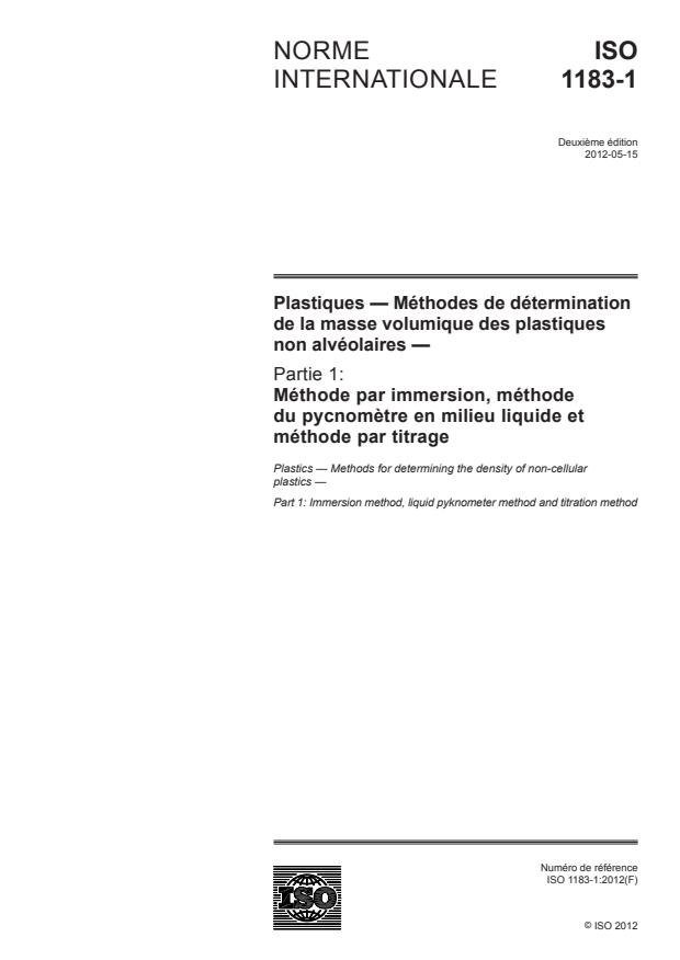 ISO 1183-1:2012 - Plastiques -- Méthodes de détermination de la masse volumique des plastiques non alvéolaires